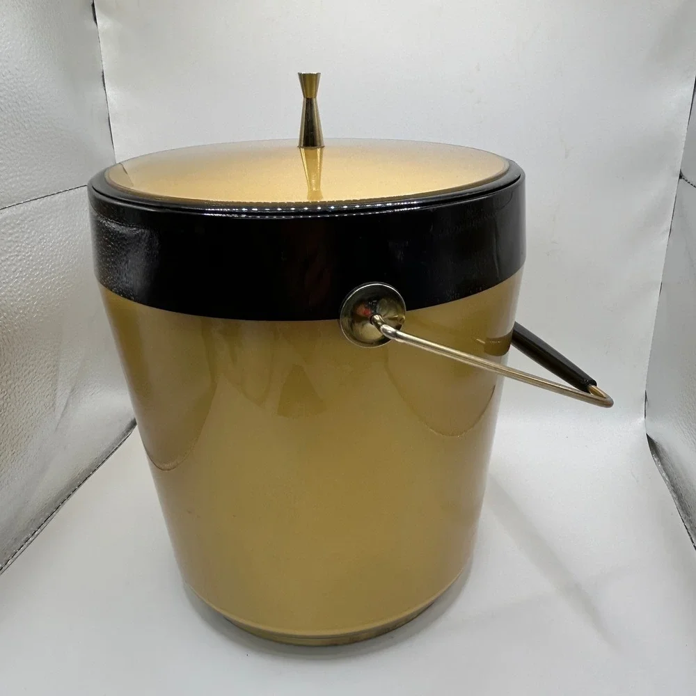 Vintage IRC Gold Black MCM Ice Bucket and 11 Tumbler Barware Set Made in USA